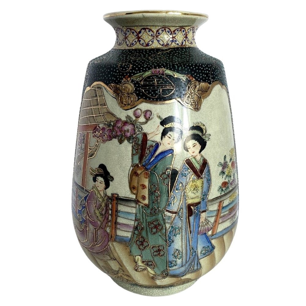 Japanese Royal Satsuma Moriage Hand Painted Gilded 12in x 8in Footed Vase